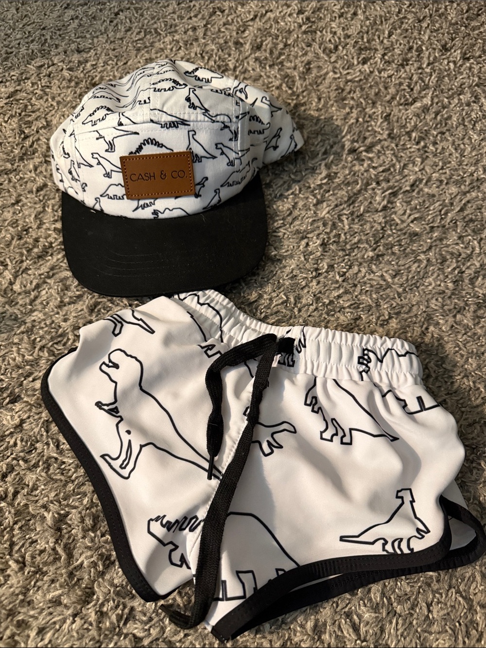 Cash & Co White Dinosaur Kids Cap and Swim Shorts Set